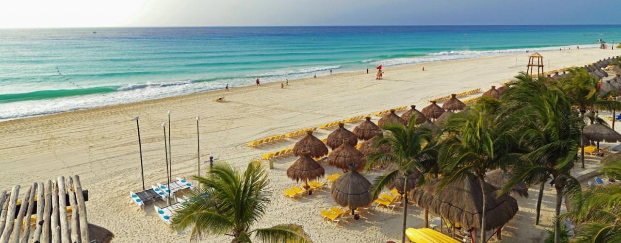 Playa Del Carmen Riviera Maya Beach Aerial View Lounge Chairs Palm Tree Palapas Iberostar Tucan